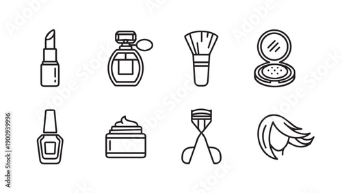 Cosmetics Icons: Lipstick, Perfume, Brush, Compact, Polish, Cream, Curler, Hair
