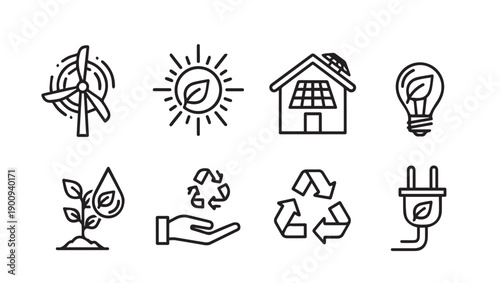 Eco-friendly icons: wind, sun, house, bulb, plant, hand, recycle, plug