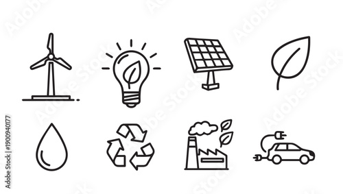 Eco-friendly energy and sustainability icons: wind turbine, light bulb, solar panel, leaf, water drop, recycle, factory, electric car