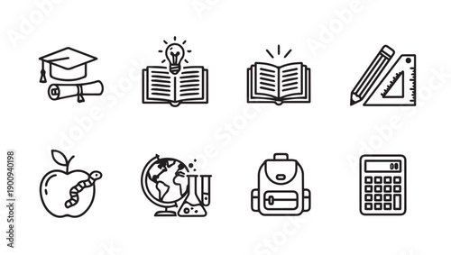 Education Icons: Graduation Cap, Books, Globe, Backpack, Calculator