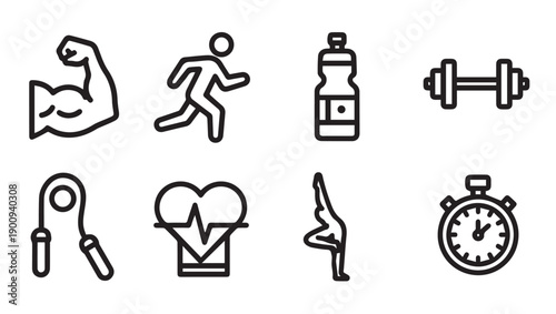 Fitness Icons Set: Muscle, Running, Water Bottle, Dumbbell, Jump Rope, Heartbeat, Yoga, Stopwatch