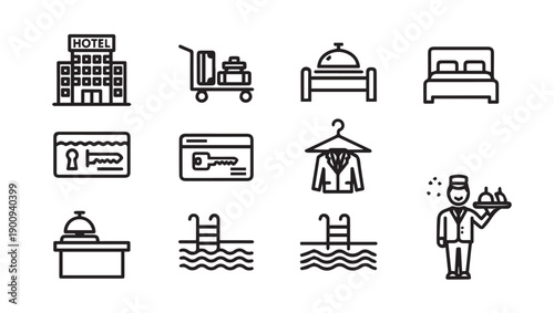 Hotel Icons Collection: Building, Luggage Cart, Bed, Key Card, Pool, Bellman
