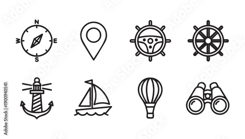 Nautical Icons Set: Compass, Anchor, Sailboat, Ship Wheel, Binoculars, Location, Hot Air Balloon