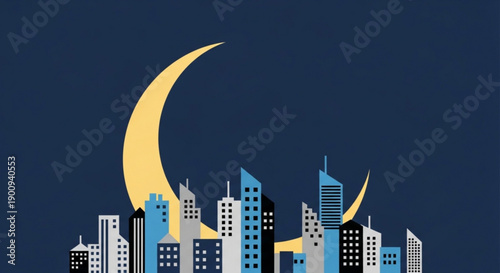 Crescent Moon over City Skyline at Night, Urban Landscape Illustration