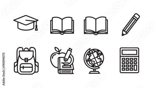 School Supplies Icons: Graduation Cap, Books, Backpack, Globe, Calculator