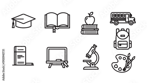 School Supplies Icons: Graduation Cap, Books, Bus, Backpack, Board, Microscope, Art Palette