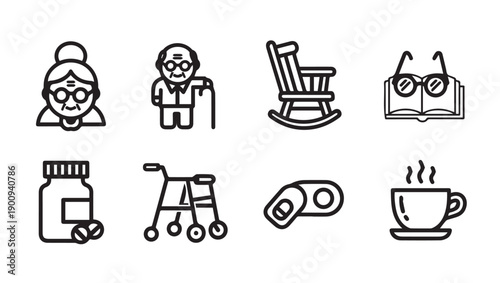 Senior Life Icons: Elderly couple, walker, rocking chair, books, pills, coffee, glasses
