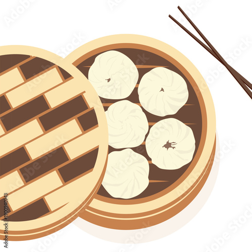Flat vector illustration of steamed dumplings served in a traditional bamboo basket with chopsticks. Asian food concept suitable for menus, food branding, and culinary content.
