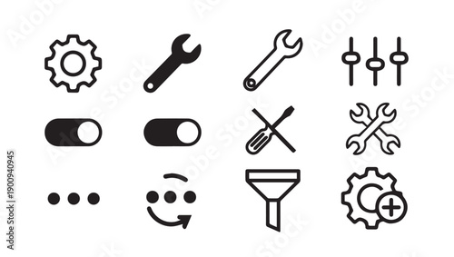 Settings and Tools Icons Collection, Gear, Wrench, Switch, Funnel, Stock Media
