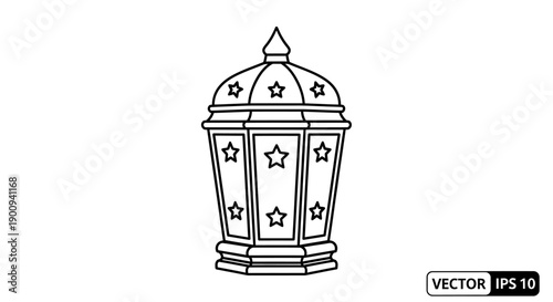 Traditional lantern outline for ramadan decoration with star patterns and geometric details suitable for coloring book page or greeting card design elements for islamic festival