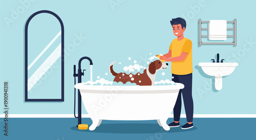 Vector illustration of a man giving his dog a bath in a bathtub with soap bubbles and water