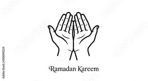 Ramadan kareem typography with line art praying hands, Islamic holy month wishes and celebration vector