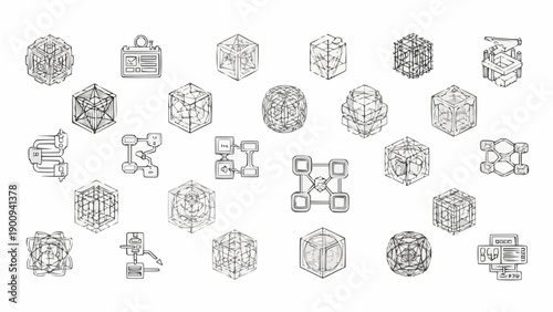 Various 3D geometric shapes icons set.