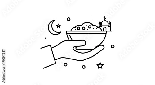 Charity hand holding food bowl for ramadan kareem decoration with mosque and moon elements line art style giving food illustration for islamic holy month isolated on background