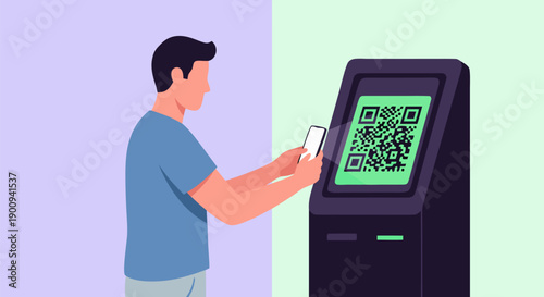 Modern vector illustration of a man using a smartphone to scan a QR code on a kiosk for digital payment or information