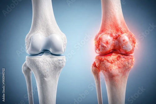 Comparison of healthy human knee joint and joint affected by painful red inflammation art