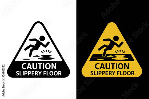 Caution slippery floor warning signs in black and yellow colors