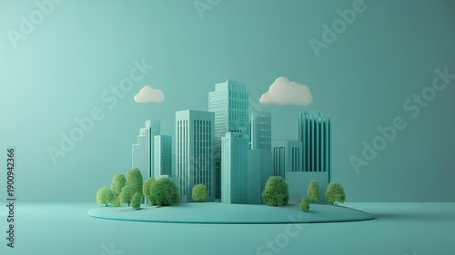 3d render of modern cityscape with trees, clouds and skyscrapers