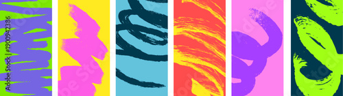 Abstract paint brush background in bright grunge style. Set templates for art banner, poster. Colorful modern vector illustration.