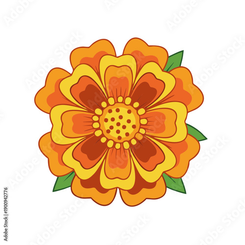 orange marigold flower head flat vector illustration