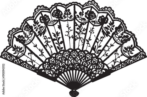 Black Lace Folding Fan Vector Illustration with Elegant Floral Rose Pattern