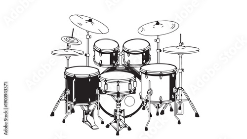 Illustration of a seven-piece drum set with cymbals and stands on a stage.