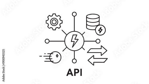 Illustration of API concept with gears, circuits, and data flow icons.
