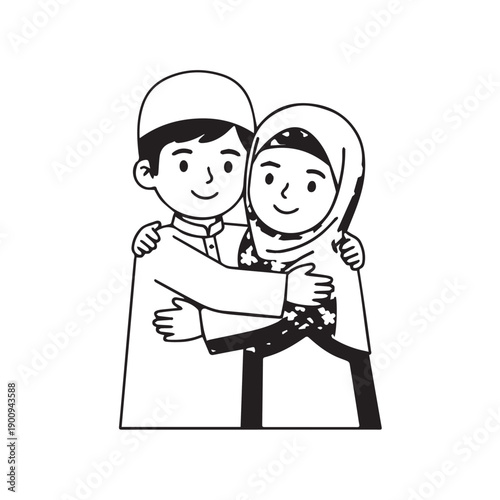 Cartoon illustration of a couple embracing warmly, expressing friendship and affection.