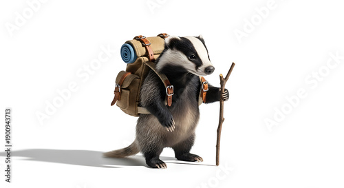 Badger Hiker with Backpack and Stick.