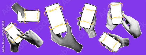 Qr phone halftone and scan me collage with hand code grainy. Grunge smartphone hold and mobile telephone reader with app cellphone design. Frame qr barcode and card scan pay with poster me set.