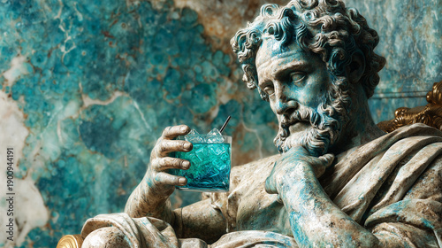 Classical thinker sculpture with icy drink, modern surrealism, epoch contrast, art photography, aesthetic luxury, conceptual metaphor, visual.
