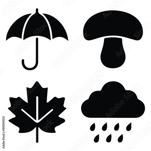 Autumn Weather and Nature Solid Icon Set with Umbrella, Mushroom, Maple Leaf and Rain Cloud Vector