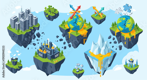A collection of isometric floating islands depicting various environmental themes, including urban development, pollution, and natural landscapes.