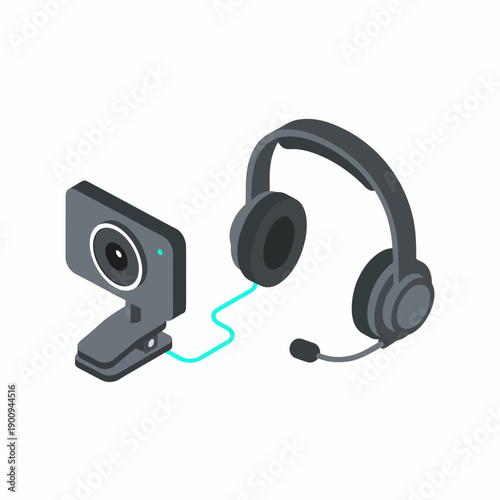 Flat minimal vector illustration of video communication technology objects including webcam and headset, solid flat colors,