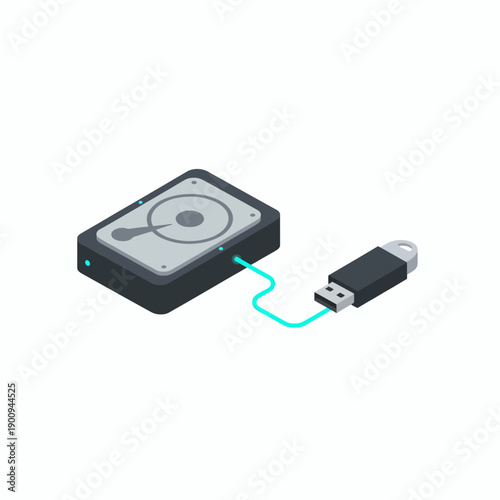 Minimal flat vector illustration of data storage technology objects such as external hard drive and USB flash drive, solid colors, no gradients, no text