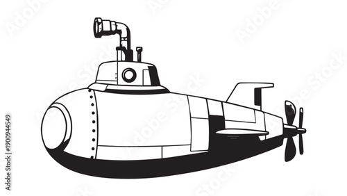 Stylized cartoon submarine illustration showing a compact underwater vessel with portholes and propeller details.