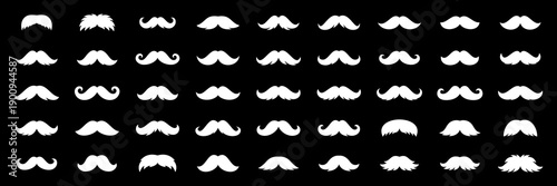 Moustache silhouettes set on black background. White vector mustaches collection for retro style, barbershop logos, hipster graphics and fun design props.