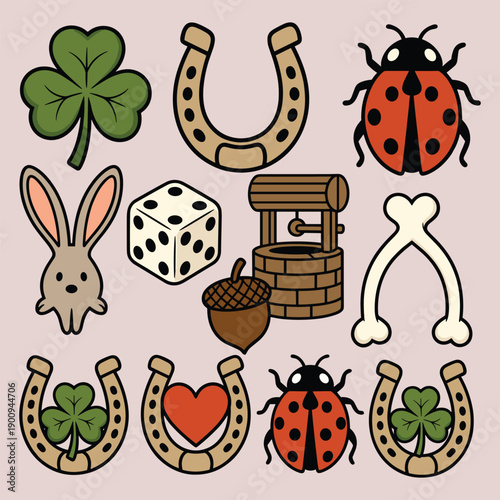 Lucky charm icons arranged against a light background evoke feelings of hope and good fortune with symbols representing luck prosperity and positive outcomes in a playful