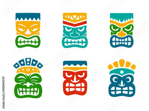Set of six colorful tiki masks with crowns Polynesian tribal collection for cultural artwork, decor and festival posters