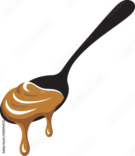 Black spoon with creamy caramel sauce dripping in sweet indulgence