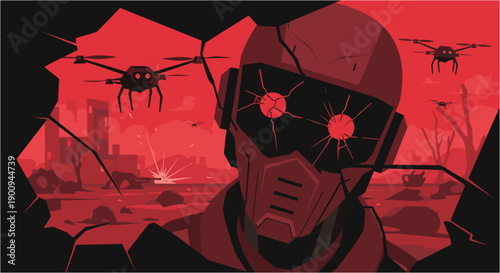 A futuristic dystopian scene depicting a broken robot or cyborg with glowing red eyes, shattered glass, and surveillance drones in a desolate, war-torn landscape, symbolizing technological conflict