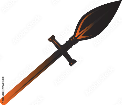 Ancient Warrior Spear Vector Illustration with Black and Orange Gradient, Medieval Polearm Weapon Icon Isolated on White Background.