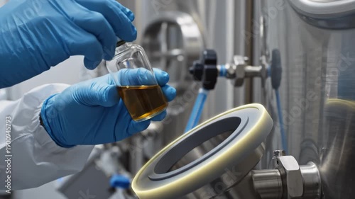 Scientist in Protective Gear Examining Amber Liquid Sample Near Stainless Steel Bioreactor Tank