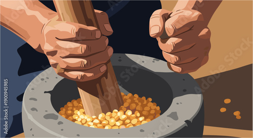 Close-up illustration of hands using a traditional mortar and pestle to grind yellow grains, depicting ancient food preparation techniques.