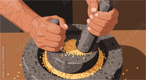 A person's hands are actively engaged in the traditional process of grinding spices or herbs using a rustic mortar and pestle, creating a fine powder.