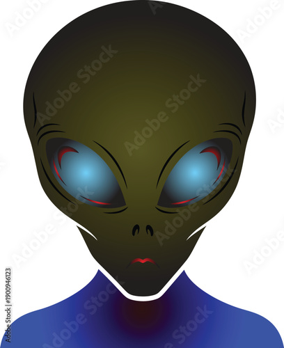 Grey Alien Face Portrait with Glowing Blue Eyes and Futuristic Suit Illustration on White Background.