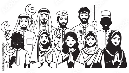 Diverse group of people in traditional attire, shown in a line illustration.