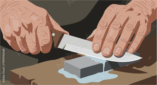 A close-up illustration of a person's hands carefully sharpening a kitchen knife on a whetstone with water, preparing for culinary tasks.