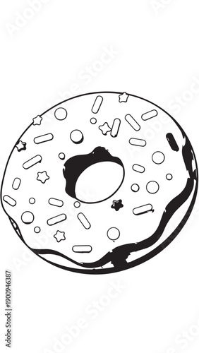 Sugary chocolate glazed donut with colorful sprinkles on a white plate, close up and tempting.