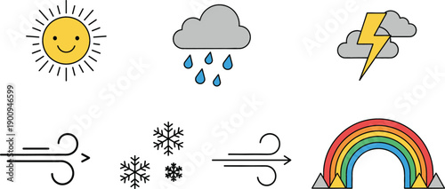 Collection of flat weather vector icons featuring smiling sun, rain clouds, lightning, wind, snowflakes, and colorful rainbow for meteorological and educational concepts.